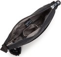 Open zwarte Kipling schoudertas, model Arto S, met grijze binnenvoering, vakjes en een zwarte aapjes-hanger.