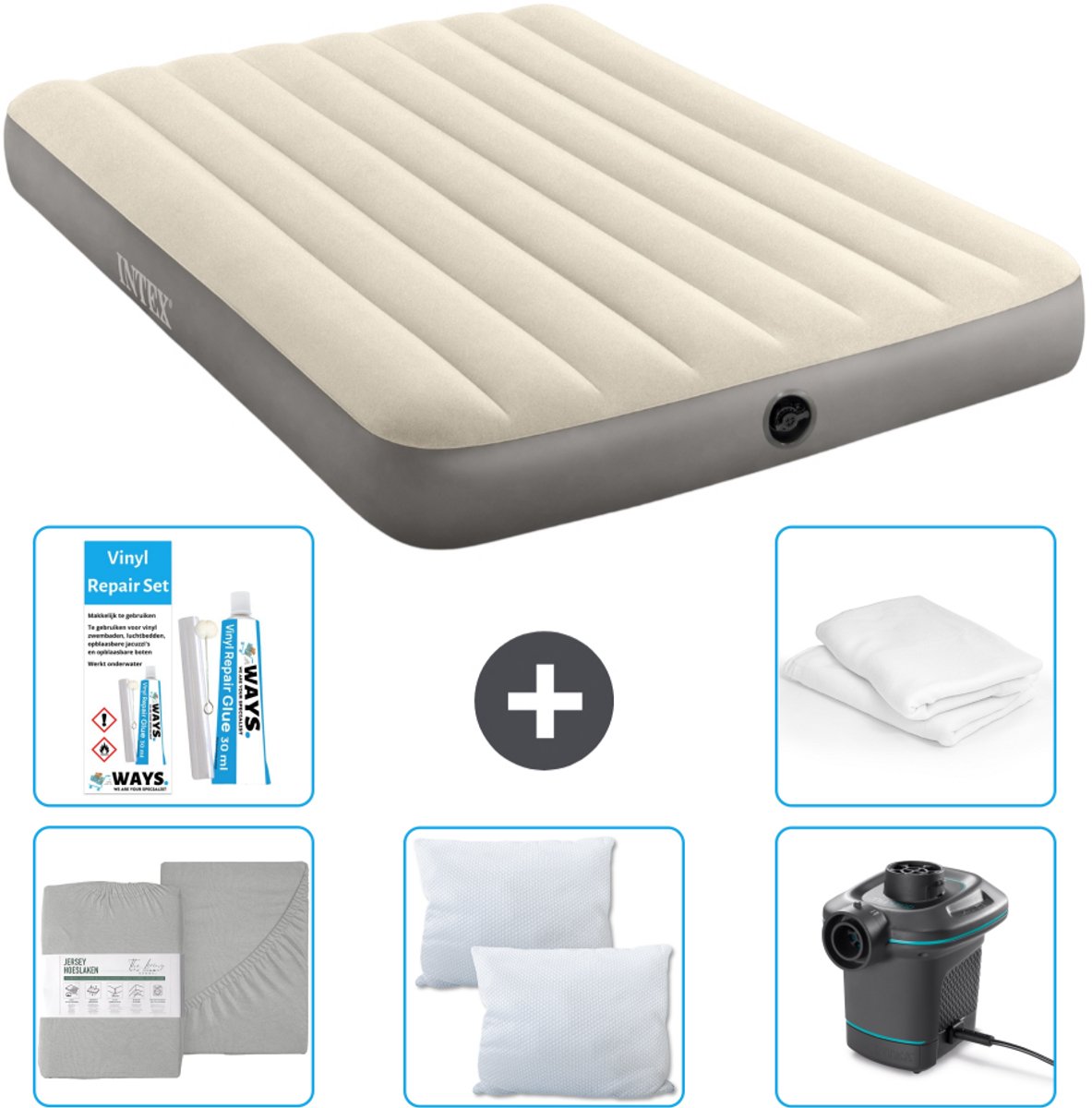Intex Luchtbed - Twijfelaar - 137 x 191 x 25 cm - Beige - Inclusief Hoeslaken - Kussen - Pomp - Reparatieset en Kussenbeschermer