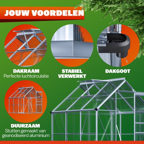 Diagrammen van een glazen kas met aluminium frame: dakraam, stabiele verwerking en dakgoot.