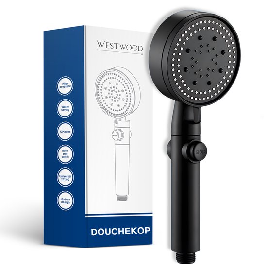 Westwood® - Waterbesparende Douchekop - Handdouche met hoge druk – Regendouche - 5 Massagestanden - Zwart Mat ZONDER FILTER