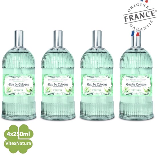 Vetiver Eau de Cologne 4 x 250 ML | merk A L'Ancienne | unisex | multifunctioneel als parfum, roomspray en fris linnengoed | Franse Parfum de Grasse