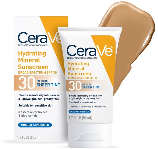 CeraVe Crème solaire minérale hydratante pour le Face Teinte transparente SPF 30 - Crème pour le visage - Tonique pour le visage - Niacinamide - Acide hyaluronique - Pour toutes les carnations