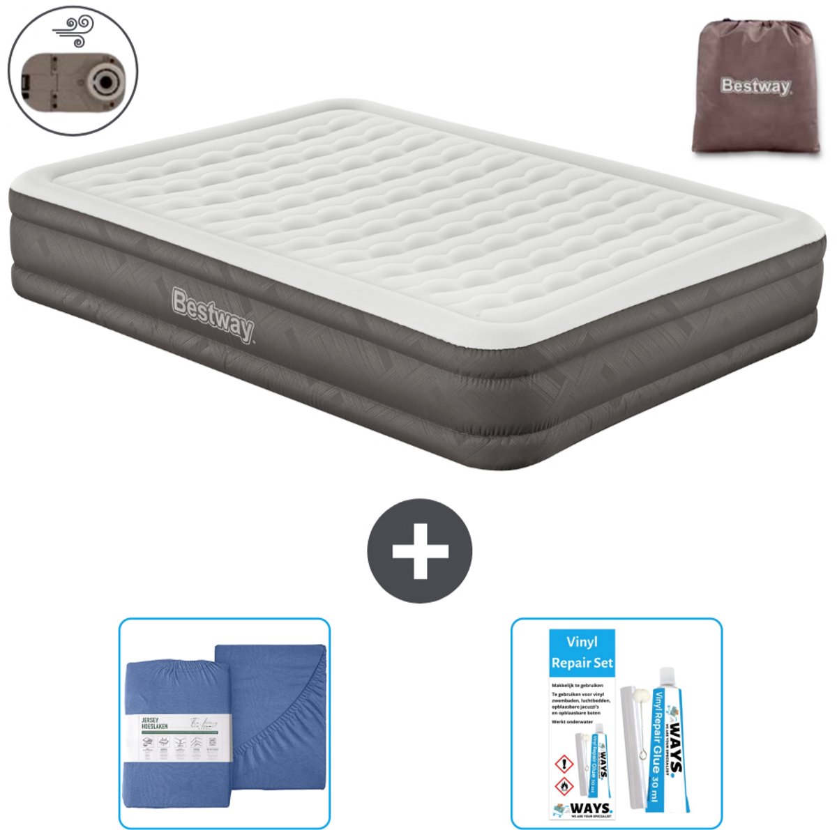 Bestway luchtbed - 2-Persoons - 152 x 203 x 36 cm - Bruin - Inclusief pomp - Hoeslaken en Reparatieset