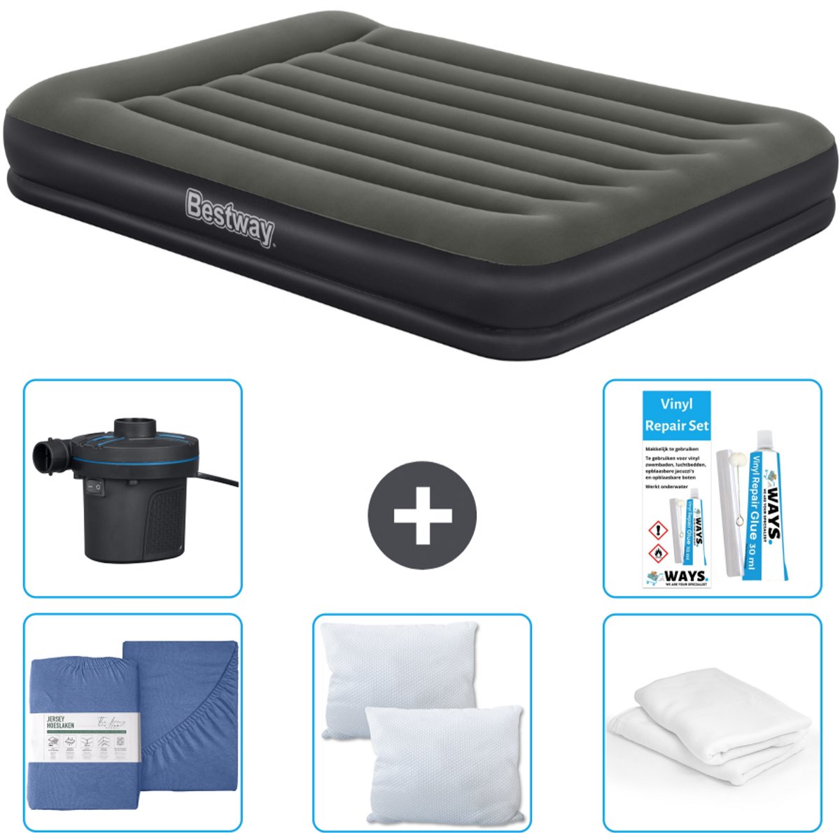 Bestway luchtbed - 2-Persoons - 152 x 203 x 36 cm - Groen - Inclusief Hoeslaken - Kussen - Kussenbeschermer - Pomp en Reparatieset