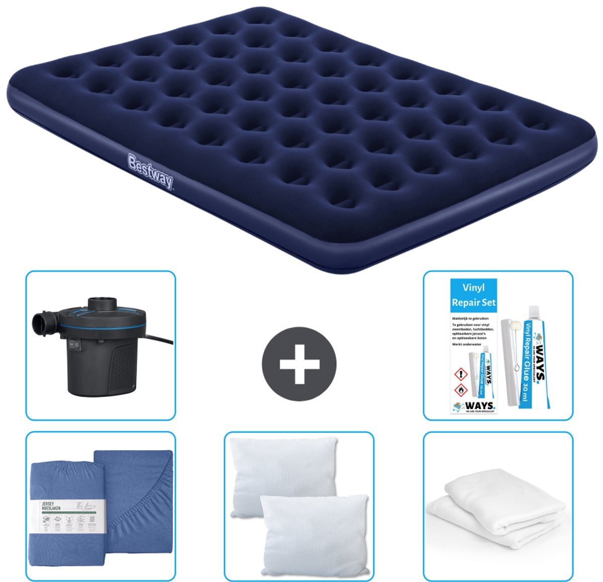 Bestway luchtbed - 2-Persoons - 152 x 203 x 22 cm - Blauw - Inclusief Hoeslaken - Kussen - Kussenbeschermer - Pomp en Reparatieset