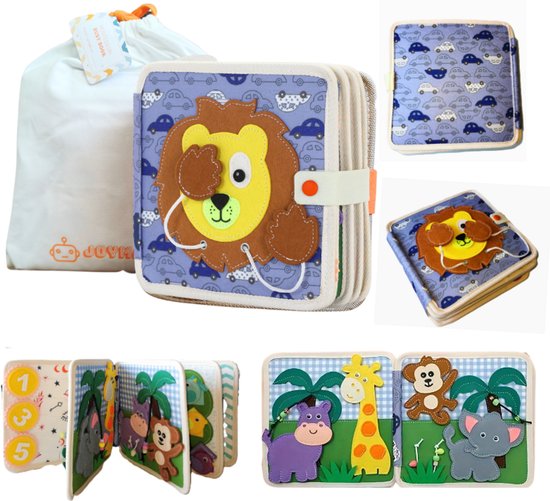 Montessori busy book met leeuw, auto's, getallen, dieren en fruit. Ook losse pagina's zichtbaar.