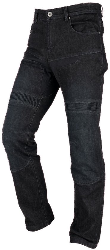 Zwarte denim jeans met geribbelde knieën, zwevend.
