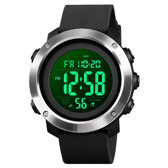 Sporthorloge - Horloge Heren - Countdown - Stopwatch - Dual Time - Zilver / Zwart