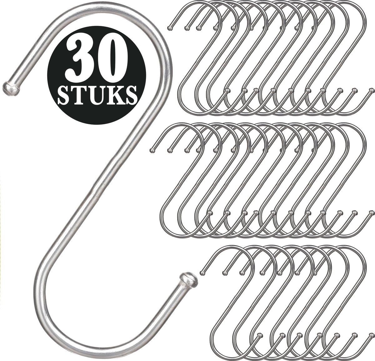 30 Stuks - Zilver Metaal S Vormige Haken - 7cm Lengte - Ophanghaken - Haakjes voor Keuken,