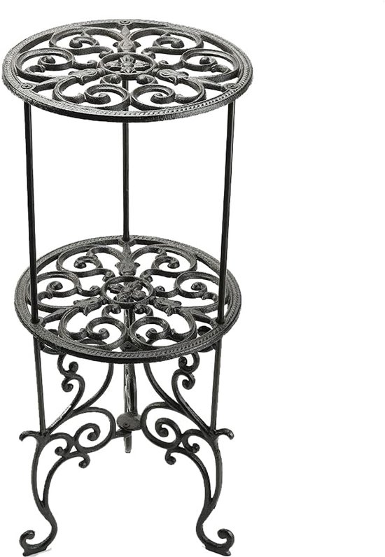 Foto: Plantenstandaard van gietijzer 2 lagen plantentafel van metaal 66 cm hoog decoratieve bloemenhouder vintage rustieke stijl voor binnen buiten stevige plantenhouder tuin plantenrek