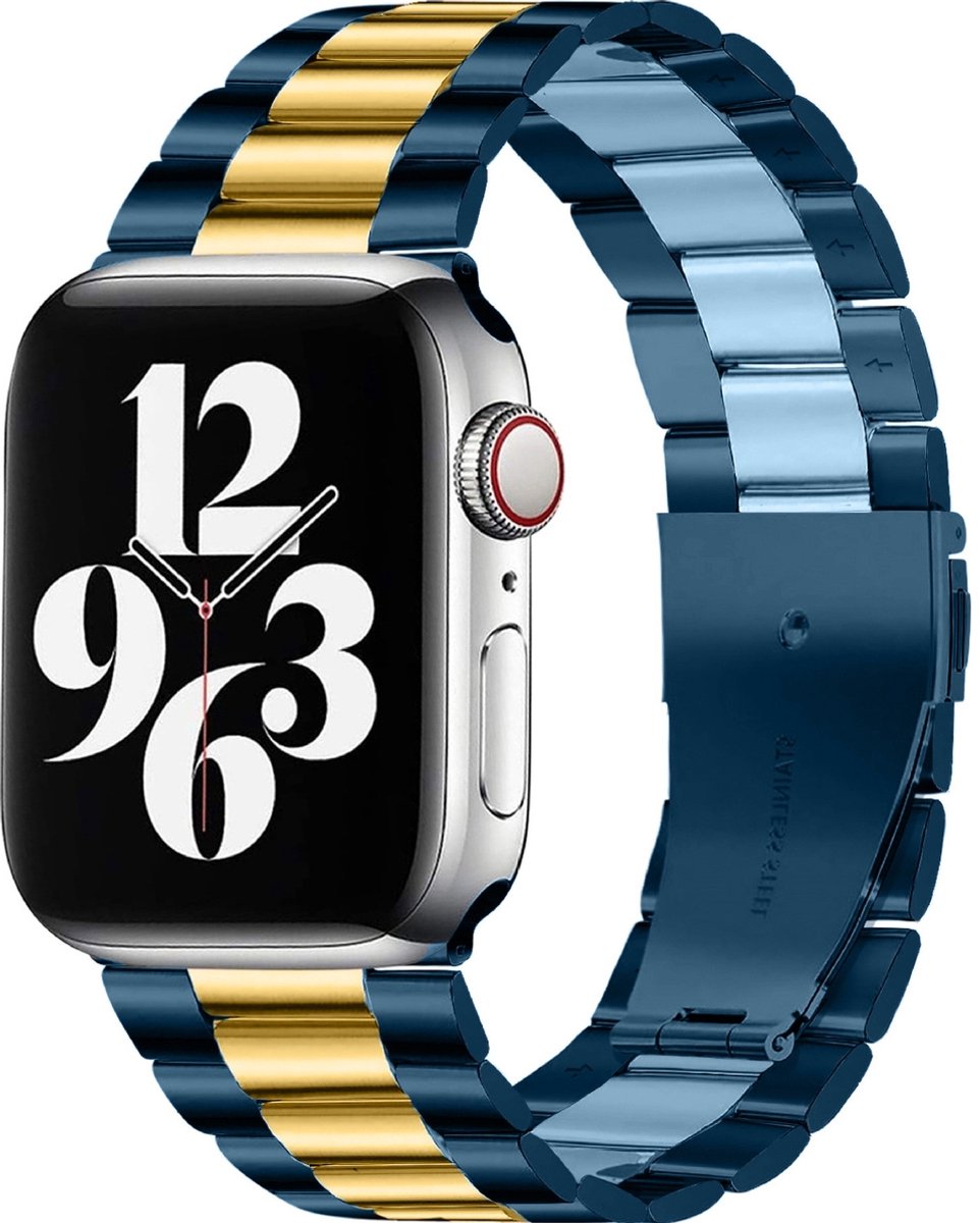 Mobigear Stalen Watch bandje geschikt voor Apple Watch Bandje Vouwsluiting | Mobigear Antwerp - 49/46/45/44 mm - Blauw / Goud