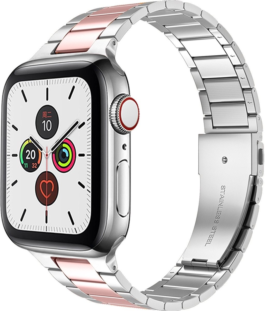Mobigear Stalen Watch bandje geschikt voor Apple Watch Bandje Vouwsluiting | Mobigear Lissabon - 49/46/45/44 mm - Roze / Zilver