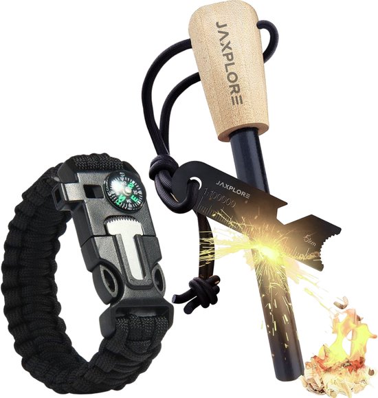 Jaxplore Vuurstarter kit - Vuursteen - Incl. Noodarmband - Survival Noodpakket - 5-in-1 - Magnesium vuurstarter Kompas, Noodfluit, Mesje, Touw