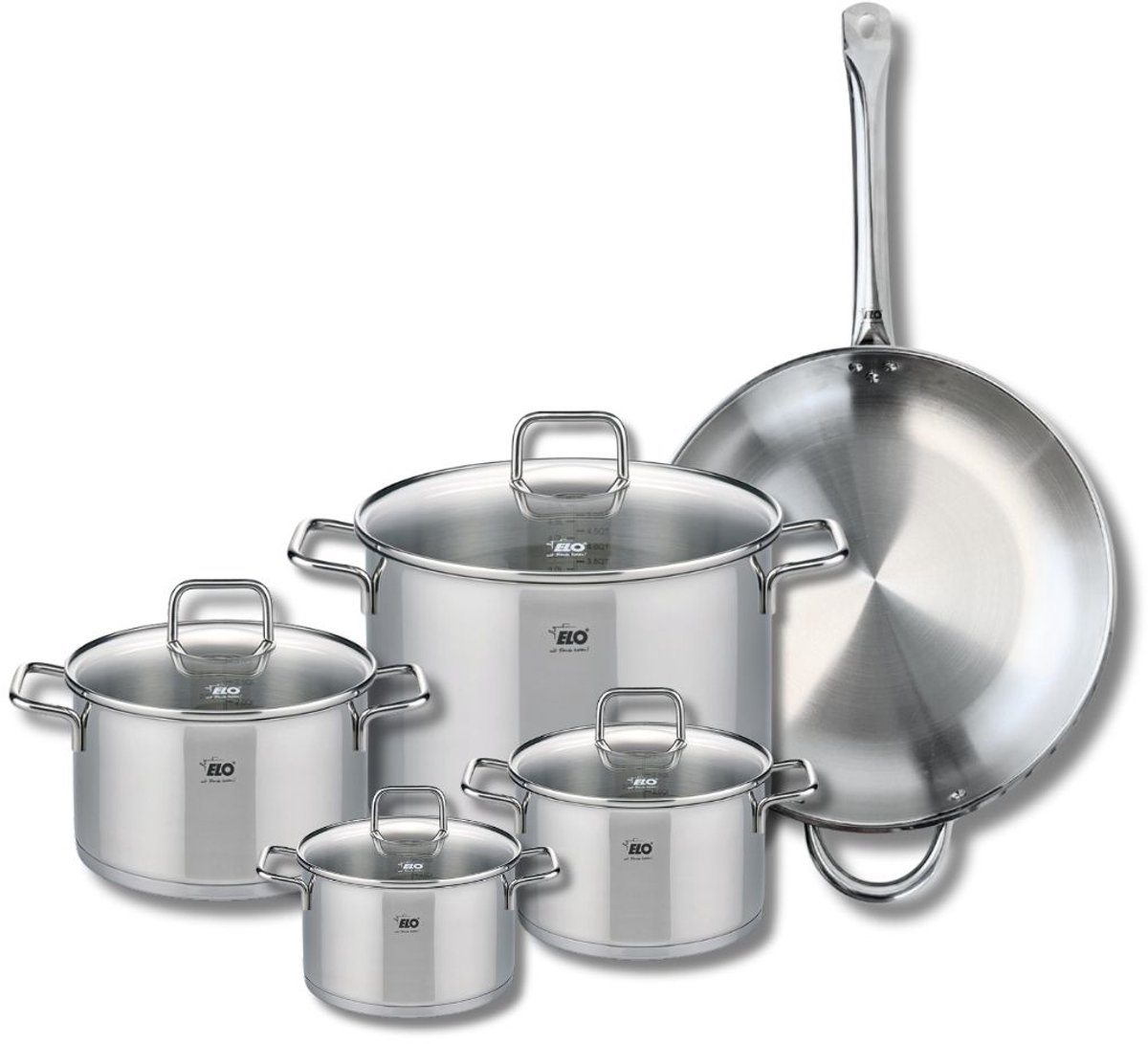 Set van 1 Koekenpan 32 cm en 4 kookpotten 14, 16, 20 en 26 cm Elo Profi Citrin