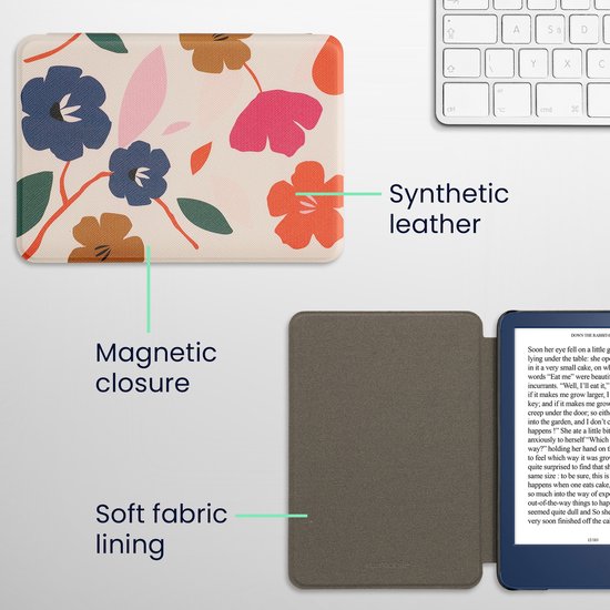 kwmobile e-reader hoesje geschikt voor Amazon Kindle (2022/2024) hoes - E reader flip case met magnetische sluiting - Ereader cover - Bonte bloemen design in roze / donkerblauw / crème van kwmobile — afbeelding 2