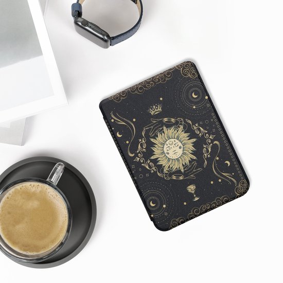 kwmobile e-reader hoesje geschikt voor Kobo Clara BW / Colour hoes - E reader flip case met magnetische sluiting - Ereader cover - Tarotkaart design in donkerblauw / geel / zwart van Merkloos — afbeelding 3