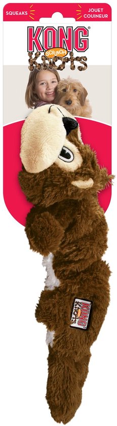 Verpakte pluche eekhoorn speelgoed, met een roze achtergrond en KONG-logo.