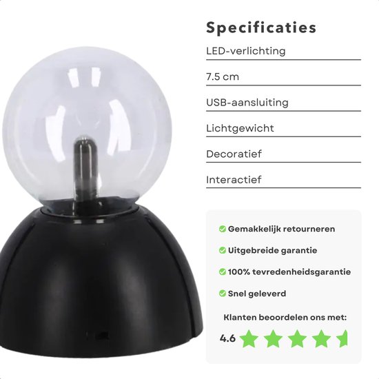 Cheqo® Plasma Ball - Lampe boule plasma - Boule plasma - Lampe disco - Effet plasma - Zwart - EBOOK inclus