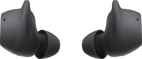 Twee zwarte Samsung Galaxy Buds FE zonder oplaadcase, van de zijkant gezien.