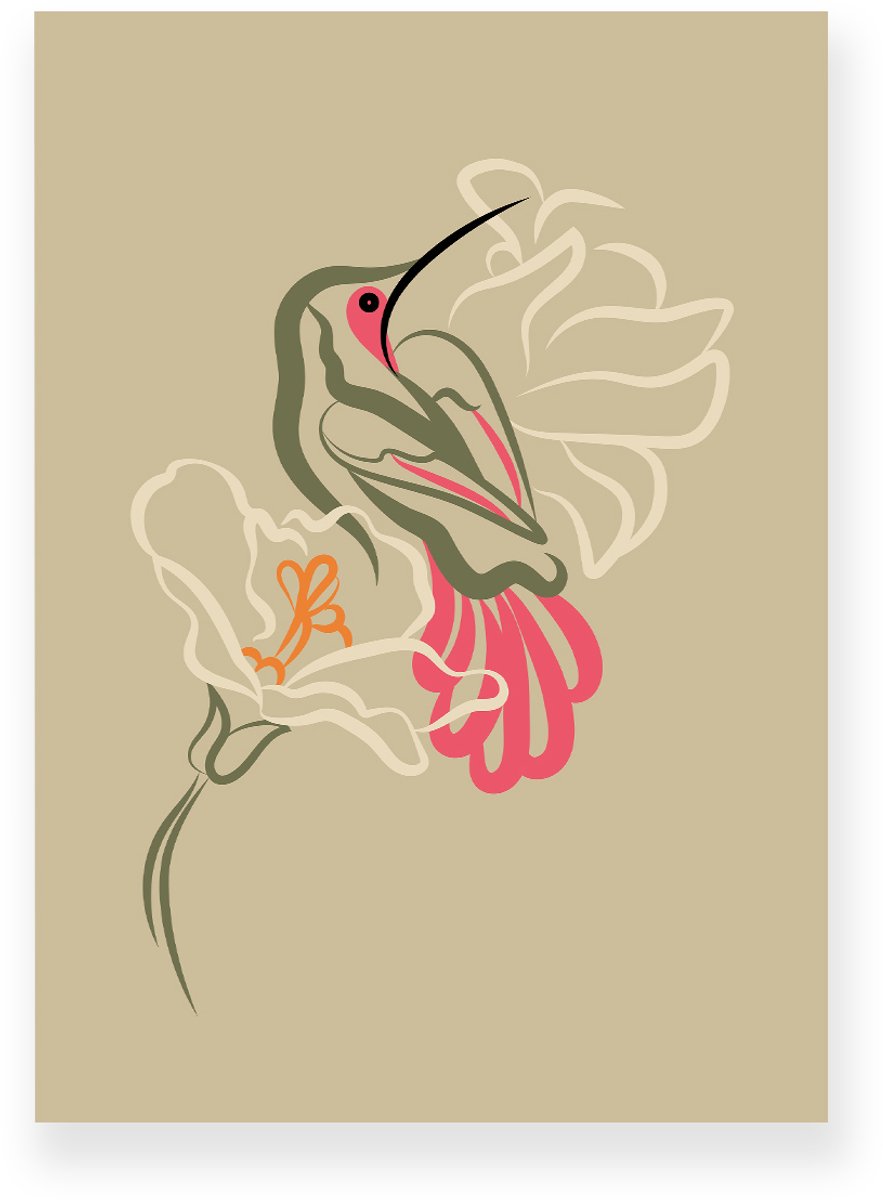 Yisual Aluminium plaat 30x40 cm - Poster - Kolibrie - Vogel - Bloemen - Beige - Roze - Minimalistisch - Botanisch - Muurdecoratie - Wanddecoratie