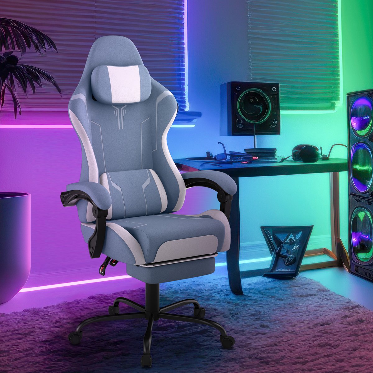 Aufun Gamingstoel Computerstoel Ergonomische Gamingstoel Kantoorstoel met Massage Lendenkussen, Hoofdsteun Bureaustoel Gamingstoel, Blauw