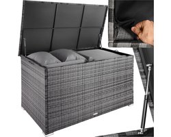tectake® Aluminium wicker opbergbox - Outdoor kussenbox - Uitneembare binnenzak - Weerbestendig en afsluitbaar met deksel - Inclusief 2 handgrepen, deksel en gasveren - UV bestendig - Inhoud 750 l - Afmeting (LxBxH) 145 x 82,5 x 79,5 cm - Grijs