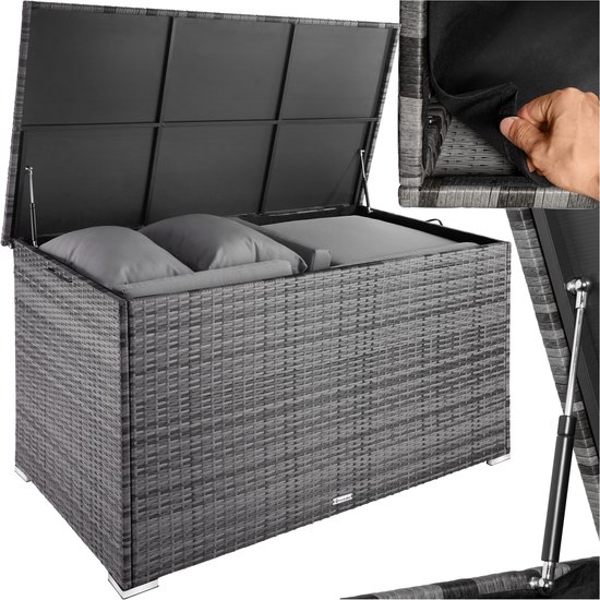 tectake® Aluminium wicker opbergbox - Outdoor kussenbox - Uitneembare binnenzak - Weerbestendig en afsluitbaar met deksel - Inclusief 2 handgrepen, deksel en gasveren - UV bestendig - Inhoud 750 l - Afmeting (LxBxH) 145 x 82,5 x 79,5 cm - Grijs