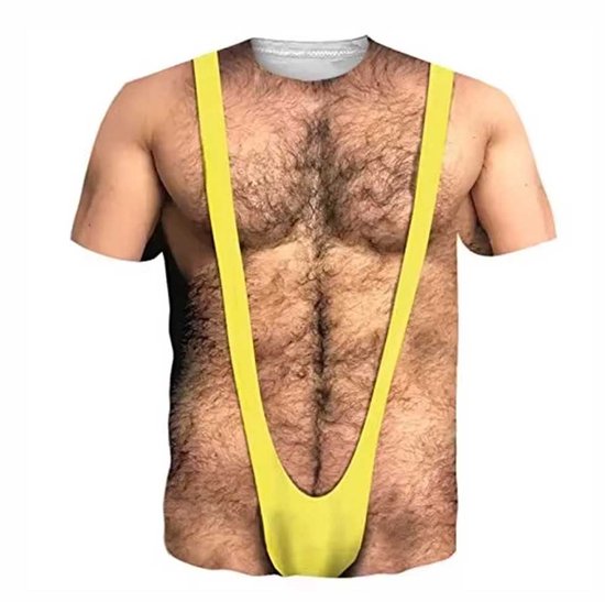 T-shirt met nep harige borst en gele string, met nep buikspieren.