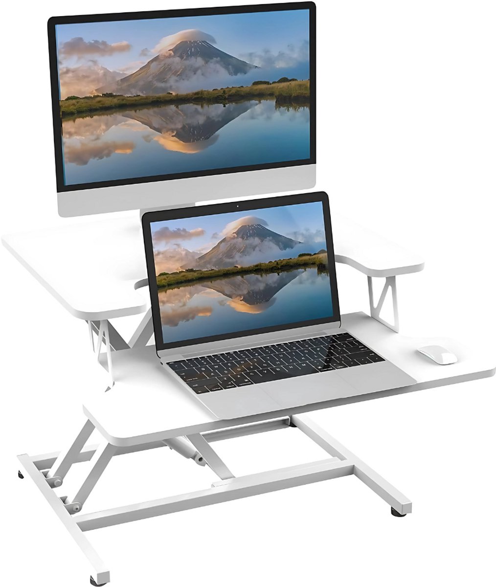 Livista Sit-Stand Desk Gas-Spring - Laptoptafel - Zit Sta Bureau - Computertafel - Zit Sta Verhoger - Bureautafel - Groot Scherm en Toetsenbord Blad - Ruimte voor 2 Schermen - Nieuw Model - Wit