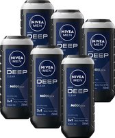 NIVEA MEN DEEP Clean Douchegel - 3-in-1 Shower Gel - Shampoo - Voordeelverpakking - 6 x 250 ml