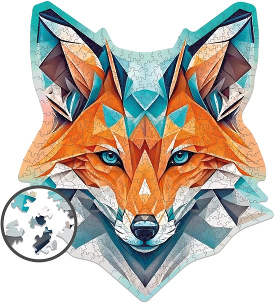 Geometrische voskop puzzel in oranje, blauw en wit, met inzetstuk dat puzzelstukjes toont.