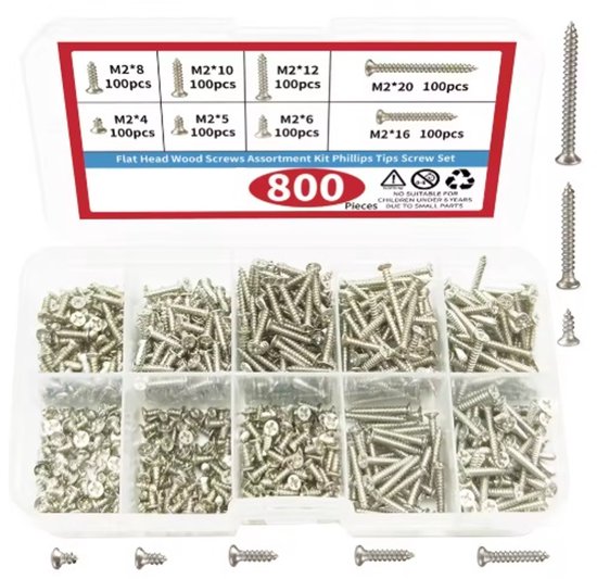 Boîte de 800 vis M2 à tête plate en acier inoxydable, triées par longueur, avec 8 tailles différentes de 4mm à 20mm.