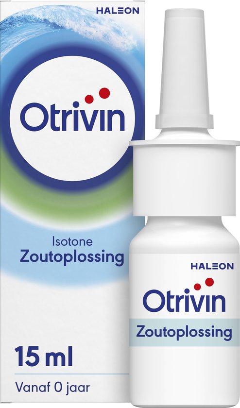 Otrivin Zoutoplossing neusspray. De verpakking en de spray zijn wit, met blauwe en groene tekst.
