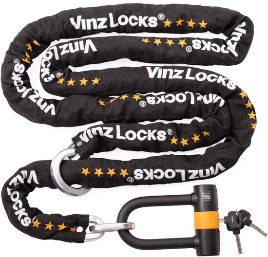 Zwart kettingslot met "Vinz Locks" tekst en gele sterren. Bevat een oranje en zwart slot met drie sleutels.