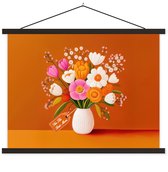 Posterhanger incl. Poster 60x45 cm - Schoolplaat - Vaas - Bloemen - Oranje - Textielposter - Zwarte latten