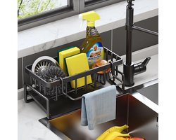 Gootsteenrek, keukenopbergers en organizer, gootsteenopruimer, keukenaccessoires, sponshouder voor gootsteen, organizer en afdruiprek, zwart.