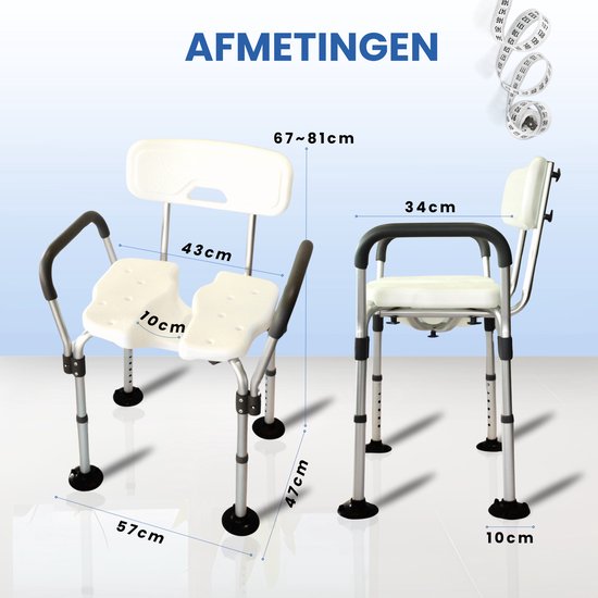 Afmetingen van de douchestoel: breedte 57cm, diepte 43cm, zithoogte 47cm.