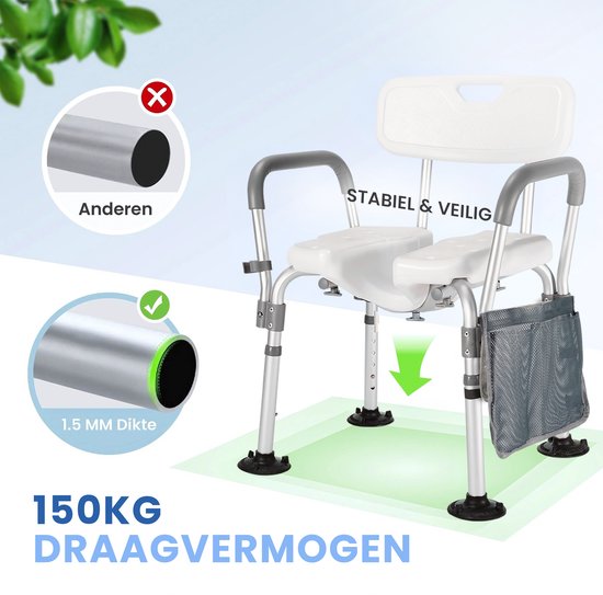 Douchestoel met 150kg draagvermogen, vergelijking van buisdikte.