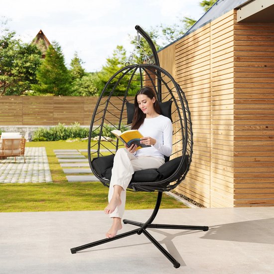 Tectake Luxe Hangstoel – Opvouwbare Egg Chair Met Standaard, Draaibaar, Dikke Kussens, Antislip, Incl. Beschermhoes – Voor Tuin, Terras Of Slaapkamer