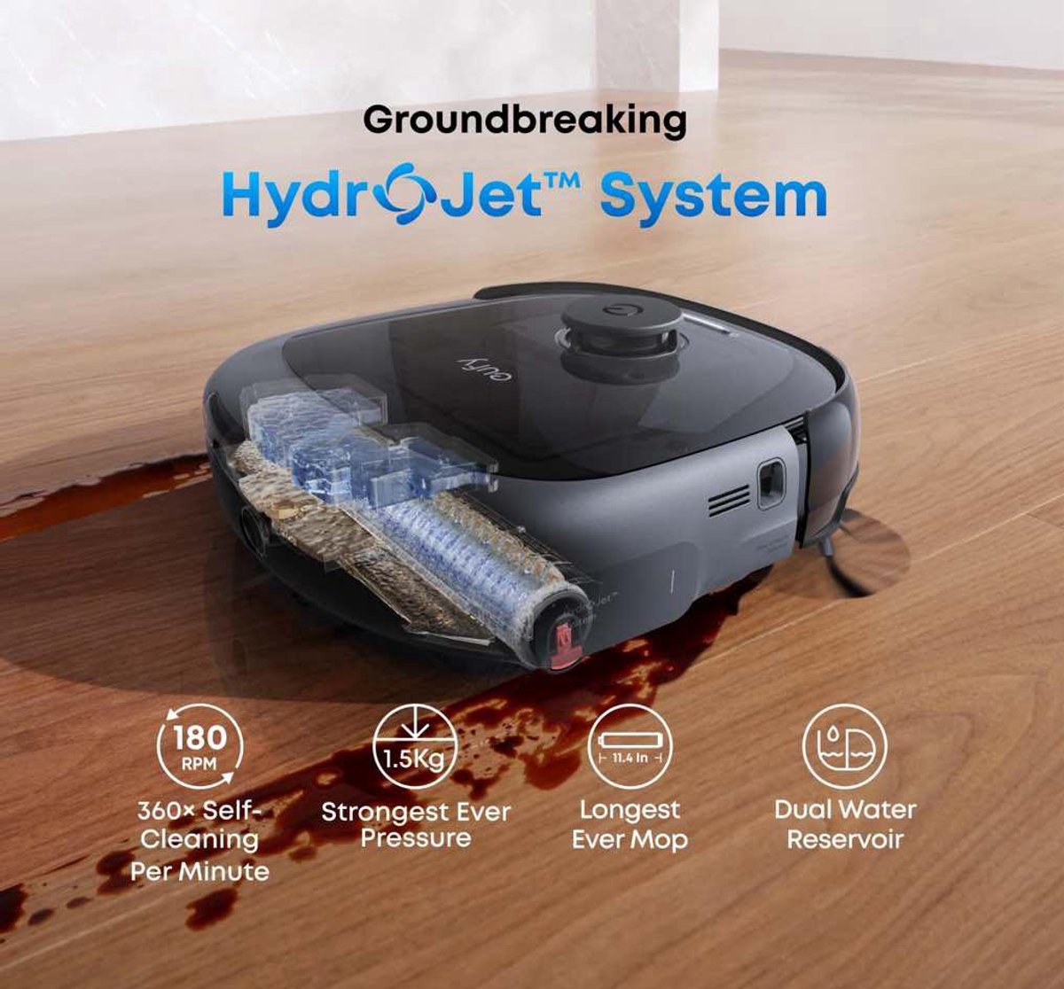 eufy Robotstofzuiger Omni E28, draagbare dieptereiniger, HydroJet dweilsysteem, 20.000 Pa zuigkracht, DuoSpiral borstels die ontklitten, CornerRover arm voor het schoonmaken van hoeken, alles-in-één-station, voor gezinnen met huisdieren en kinderen. — afbeelding 4