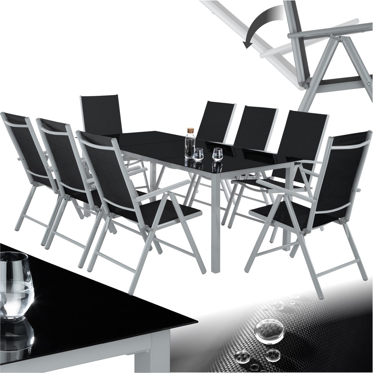 tectake® Tuinset - Eettafel met Stoelen voor Buiten - 8 Personen - Aluminium Zitgroep - Tuinmeubelset met Tuinstoelen en Tuintafel - Campingtafel - Opklapbare Campingstoelen - Weerbestendig - Donkergrijs