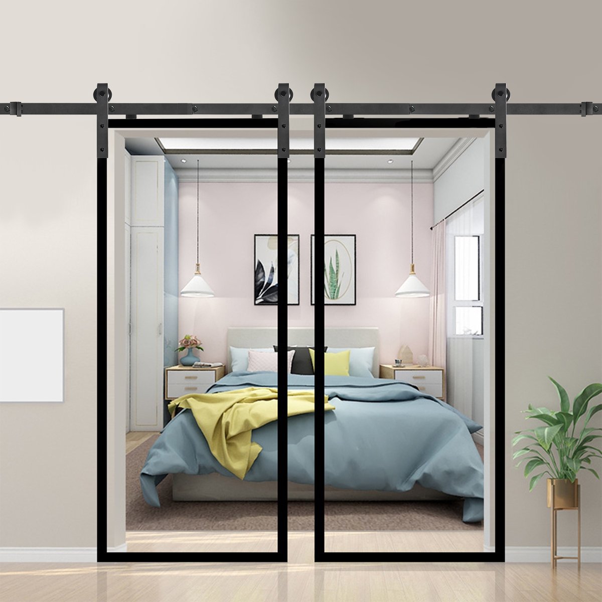 Aufun Schuifdeurrail - 366 cm - zwart - van koolstofstaal - voor houten of metalen deuren - deurdikte 35-45 mm - maximale belasting 130 kg