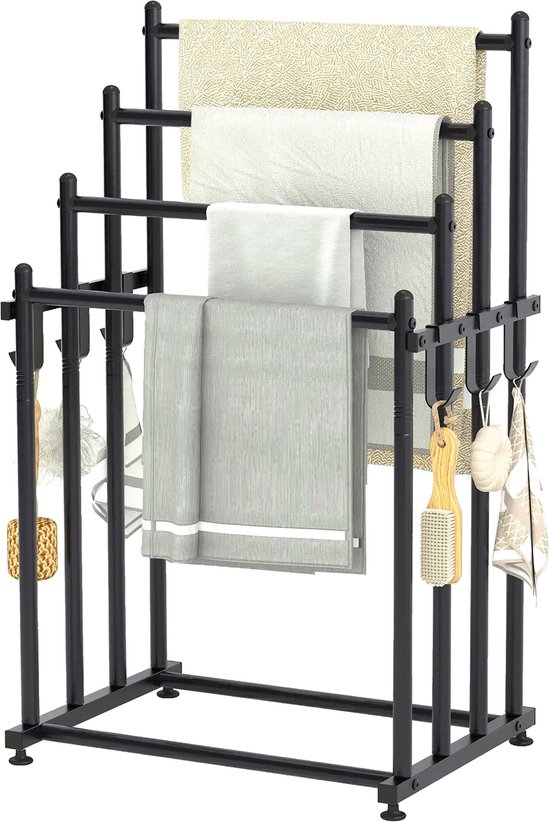 Porte-serviettes Duerté XL 110 x 55 x 40 cm – Porte-serviettes sur pied Zwart avec crochets Extra – Pour grandes Handdoeken et Serviettes de plage – Sans Embouts