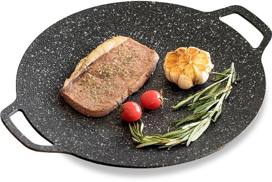 Poêle à barbecue coréenne Teppanyaki de 13 pouces Poêle à griller ronde antiadhésive pour cuisinière à gaz à induction, table de cuisson électrique pour grillades en plein air