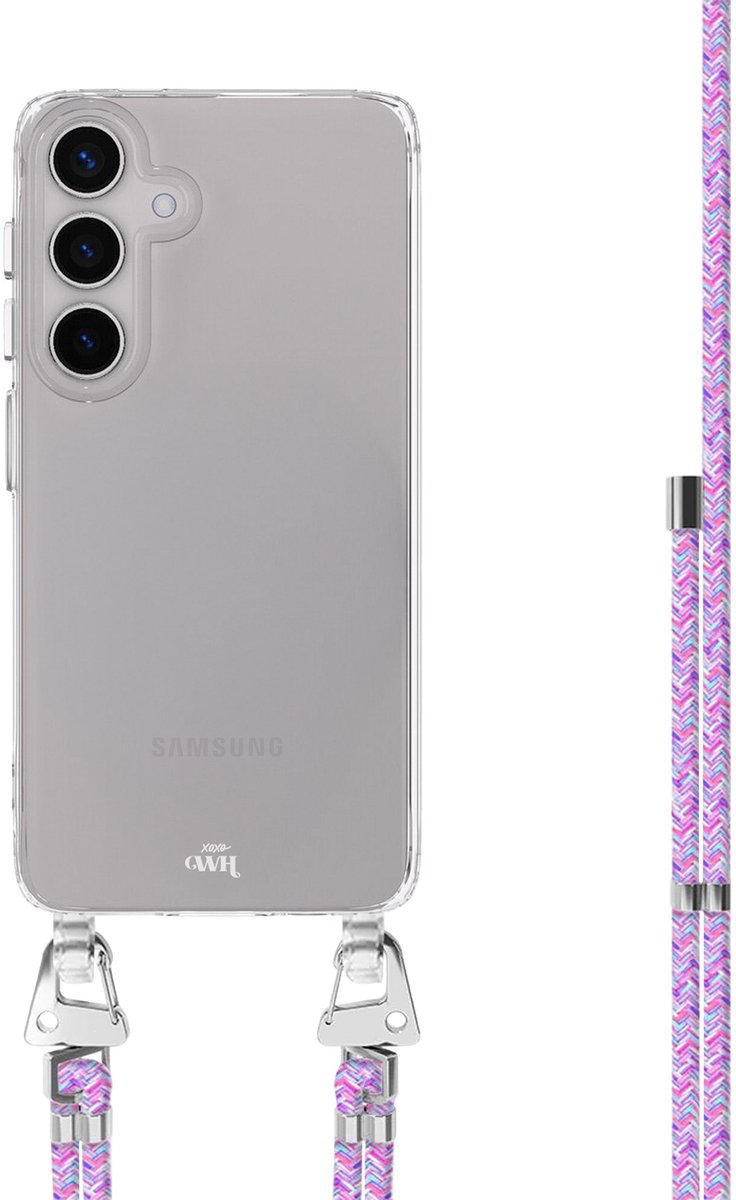 xoxo Wildhearts siliconen hoesje - Geschikt voor Samsung Galaxy S24 Plus - Purple Fever - Telefoonhoesje - Hoesje met koord - telefoonkoord - Transparant hoesje - In lengte verstelbaar - Paars koord
