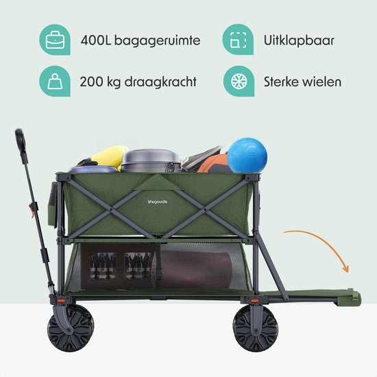 LifeGoods Bolderkar - Opvouwbaar - 200KG - 400L - Dubbele Bolderwagen - Beschermhoes - Groen van LifeGoods — afbeelding 3