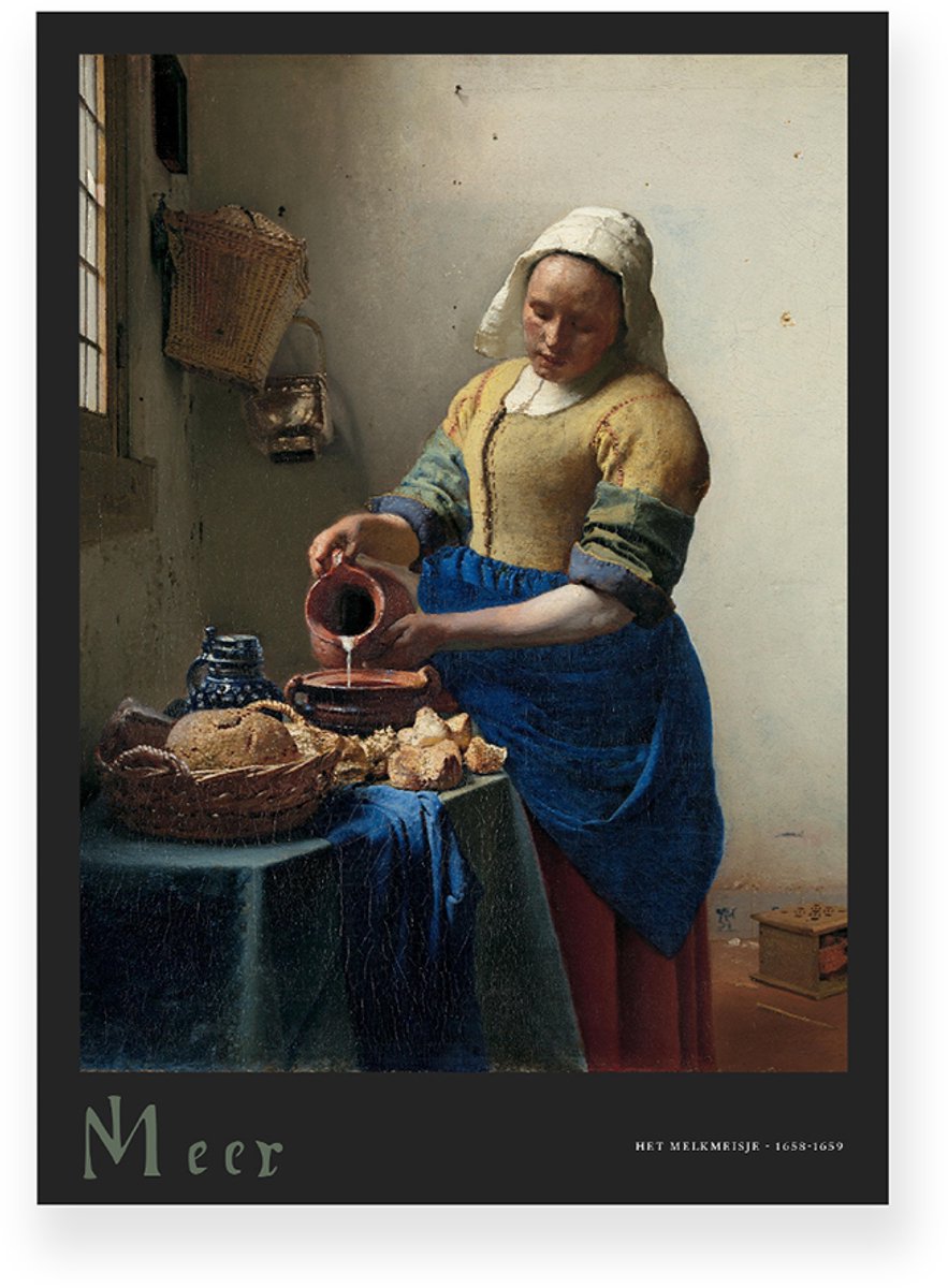 Yisual Poster 30x40 cm - Het Melkmeisje - Johannes Vermeer - Geel - Blauw - Zwart - Realistisch - Klassiek - Muurdecoratie - Wanddecoratie