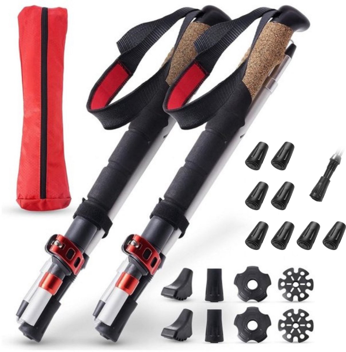 Nordic Walking Stokken Set - 135 cm Inklapbaar Carbon Trekkingstokken & 8 Stuks Universele Nordic Walking Doppen - Verstelbaar, Lichtgewicht, Ergonomisch - Hiking Accessoires