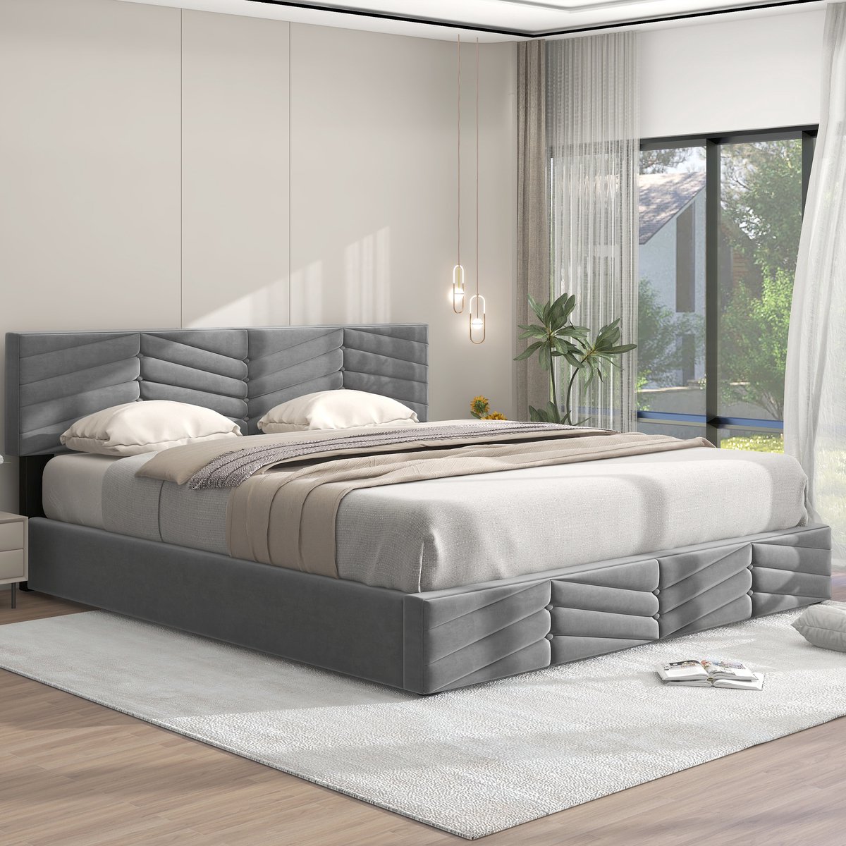 Merax Gestoffeerd bed - 160 x 200 cm - Tweepersoonsbed - opbergbed met veel opbergruimte - Verstelbaar hoofdeinde - Zonder matras - Grijs