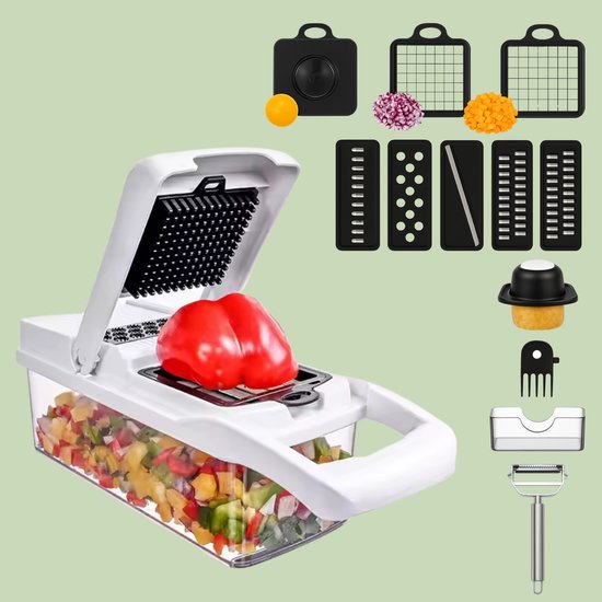 Nesly Coupe-légumes multifonctions - Râpe - Mandoline Coupe-légumes - Coupe-oignons - Plastique - 12 en 1 - Zwart Wit + Éplucheur OFFERT